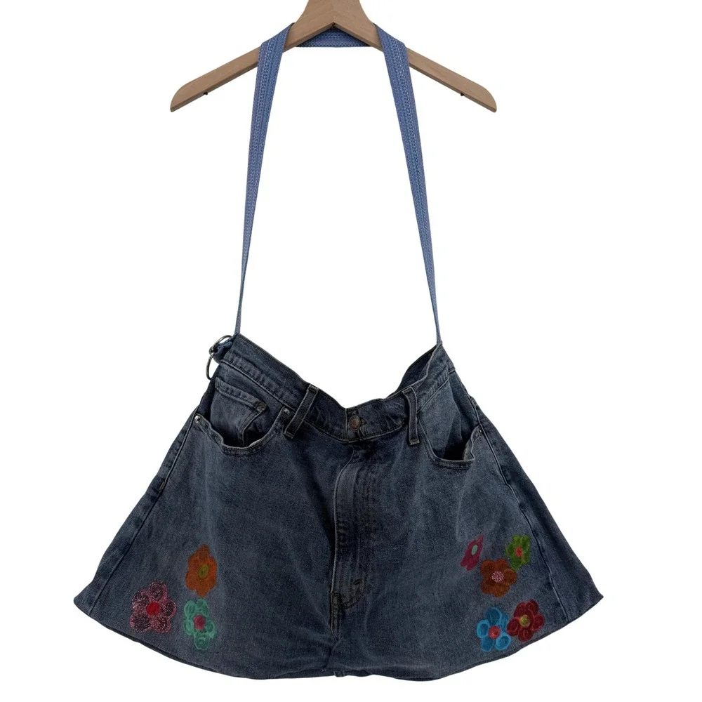 Handmade Levi's Denim Shoulder Bag OOAK Rework Jeans Purse Floral Boho Large 26
